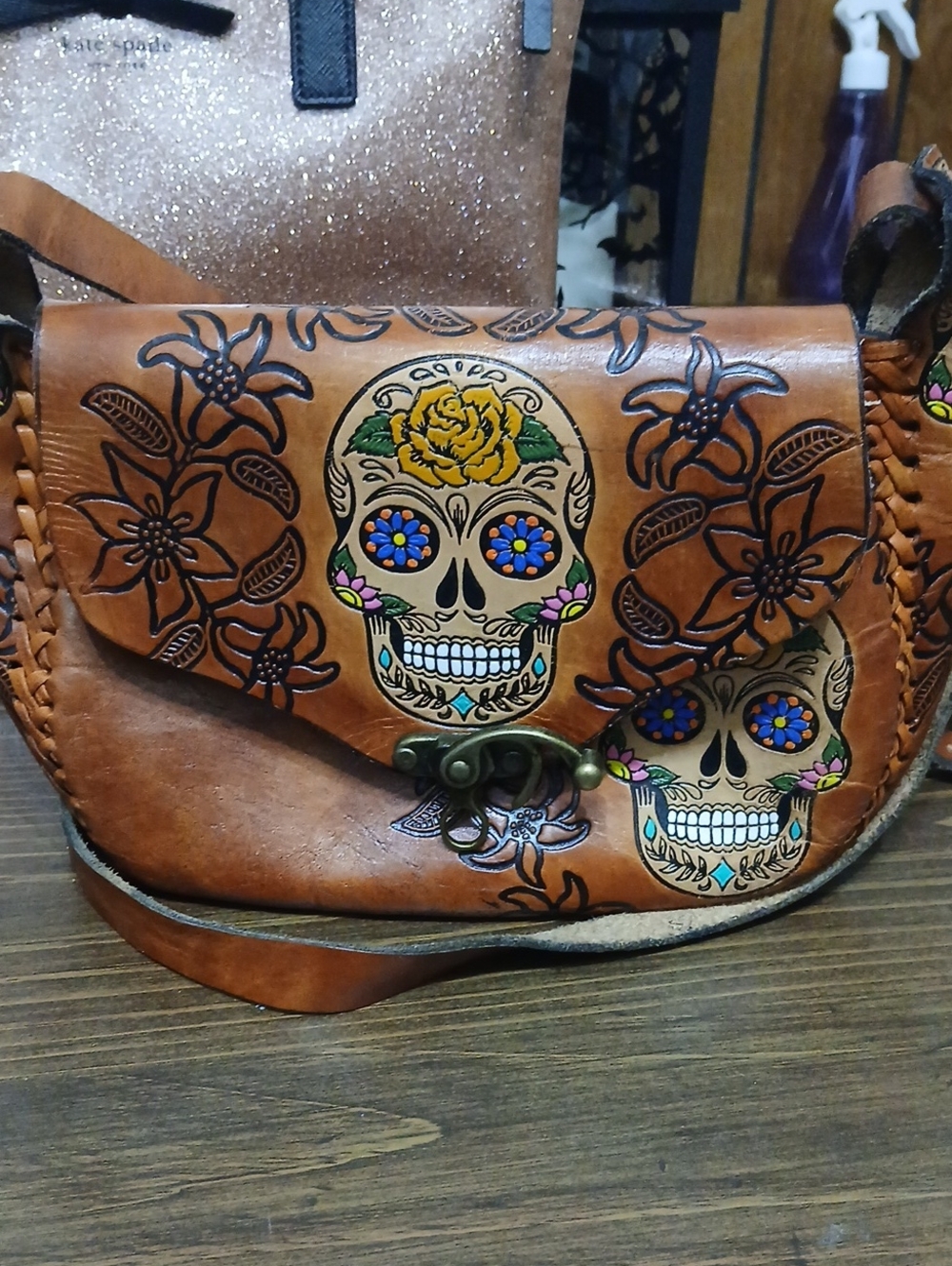 Hand-Painted Tan Leather Sugar Skull Crossbody Bag by